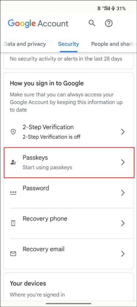 Google Passkeys Setup on Android